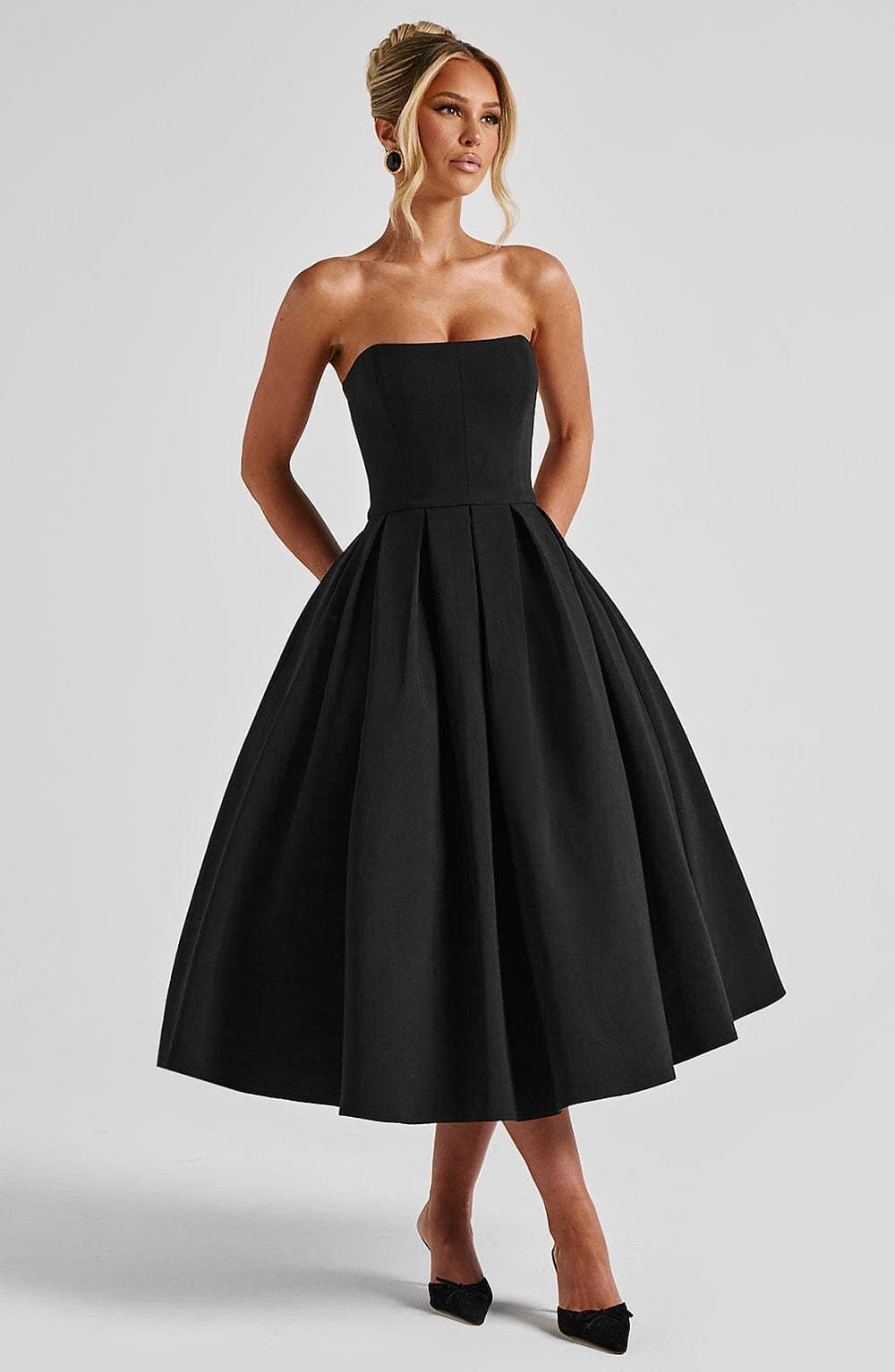 Edith Midi Dress in Black - Strapless Pleated Full Skirt Fully Lined