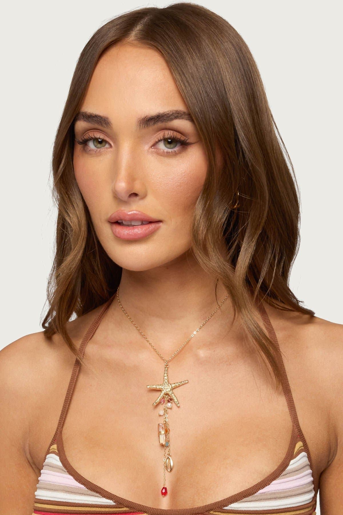 Sea Star Cascading Coastal Necklace - Gold Tone Metal Glass Charms 14.2 Inch