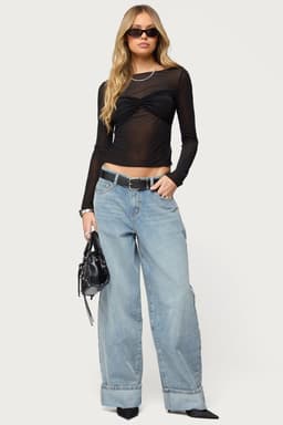 Kella Low Rise Baggy Jeans - Rigid Cotton Denim, Cuffed Hem, 30.5" Inseam Size S