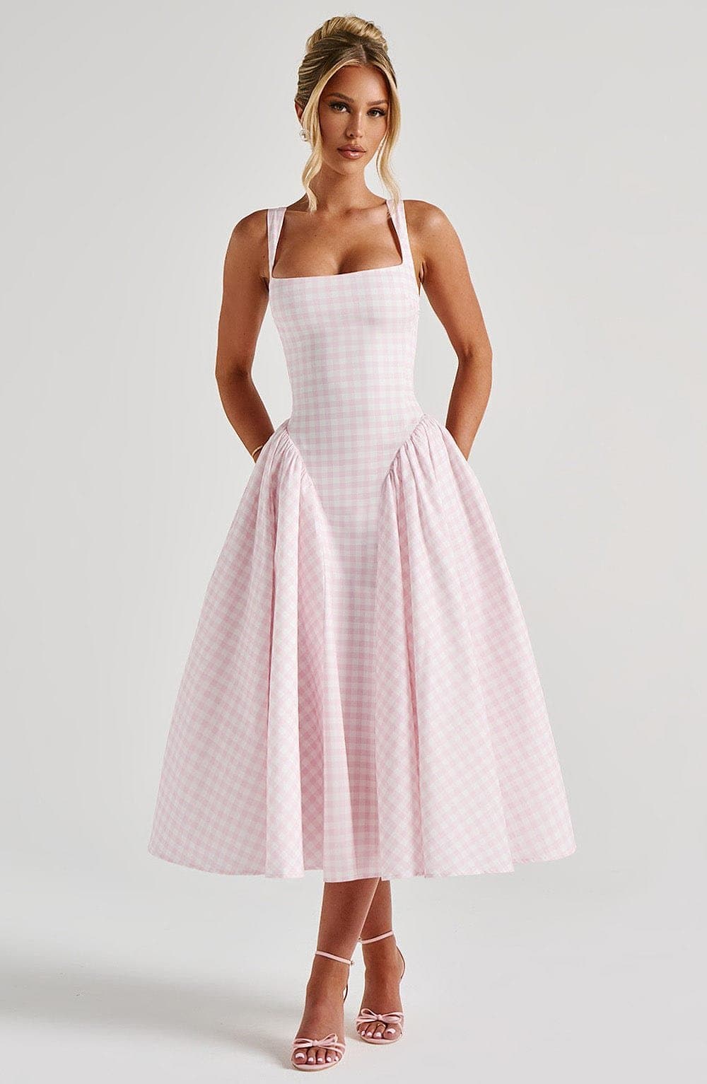 Sherrie Midi Dress Blush Gingham Print Cotton Nylon Elastane Voile Lace-Up Back