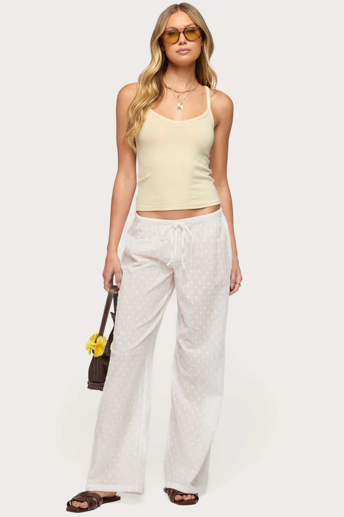 Embroidered Polka Dot Sheer Cotton Pants - Adjustable Tie Waist