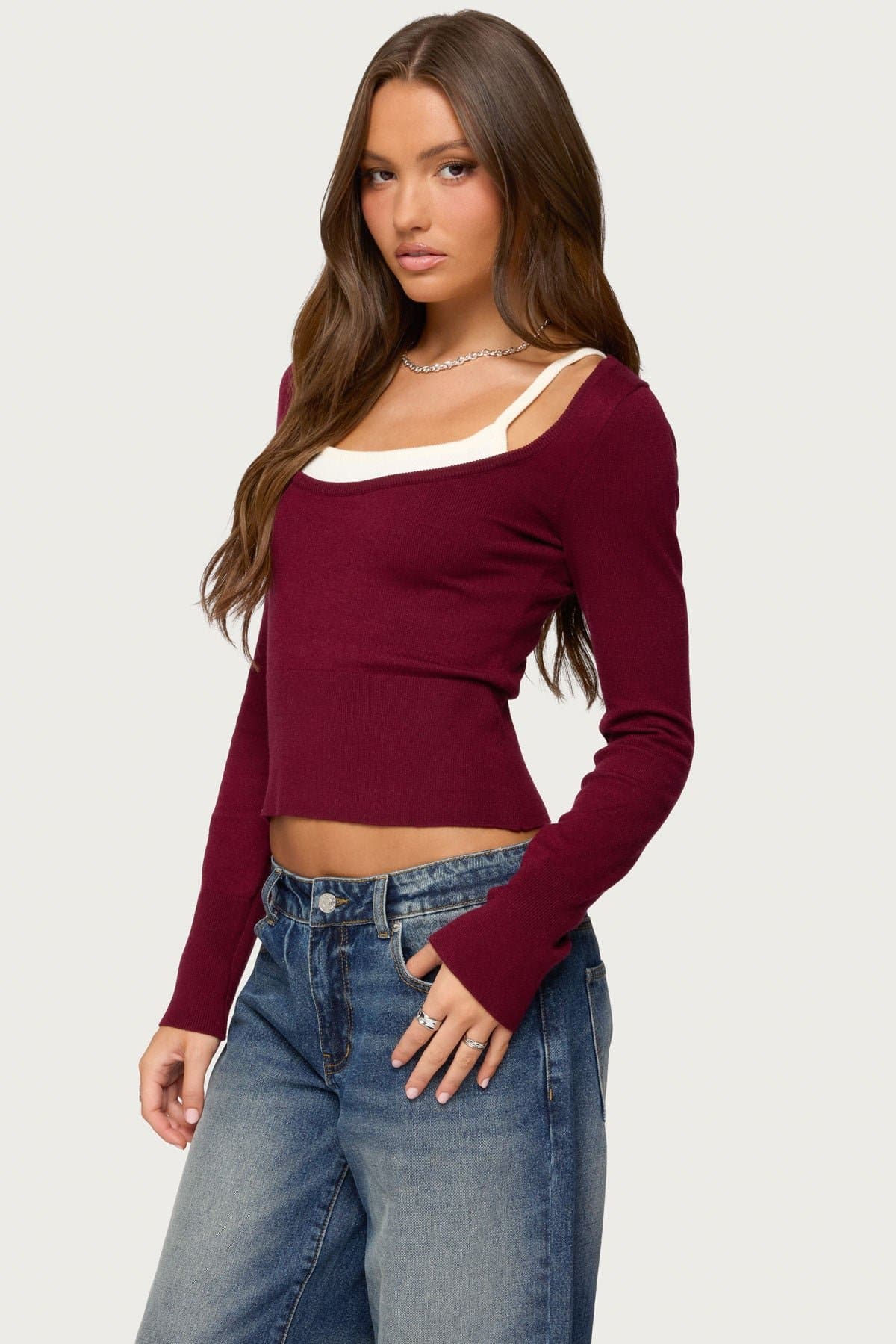 Cecile Layered Long Sleeve Top - Polyester Rayon Nylon Knit Contrast Tank Design
