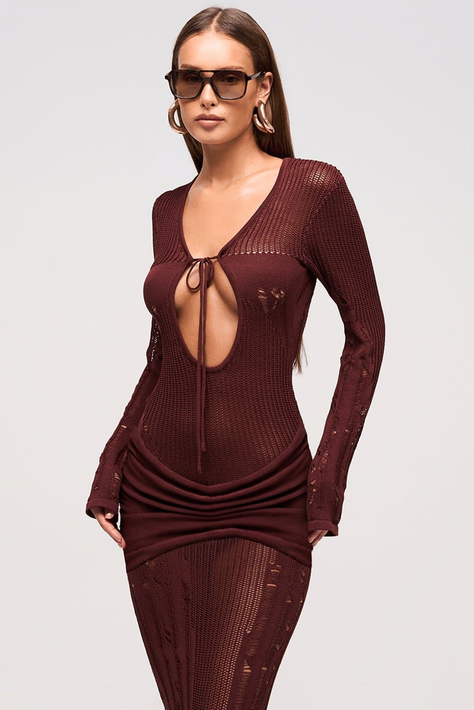 Mocha Knitted Maxi Dress with Laddered Panels, Keyhole Neckline, Full Length Sleeves