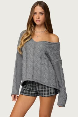 Inga Oversized Cable Knit Sweater - Deep V Neck Acrylic Sweater
