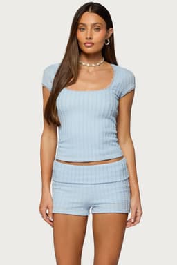 Iyara Textured Knit Top - Square Neckline Fitted Lace Trim Polyester Spandex