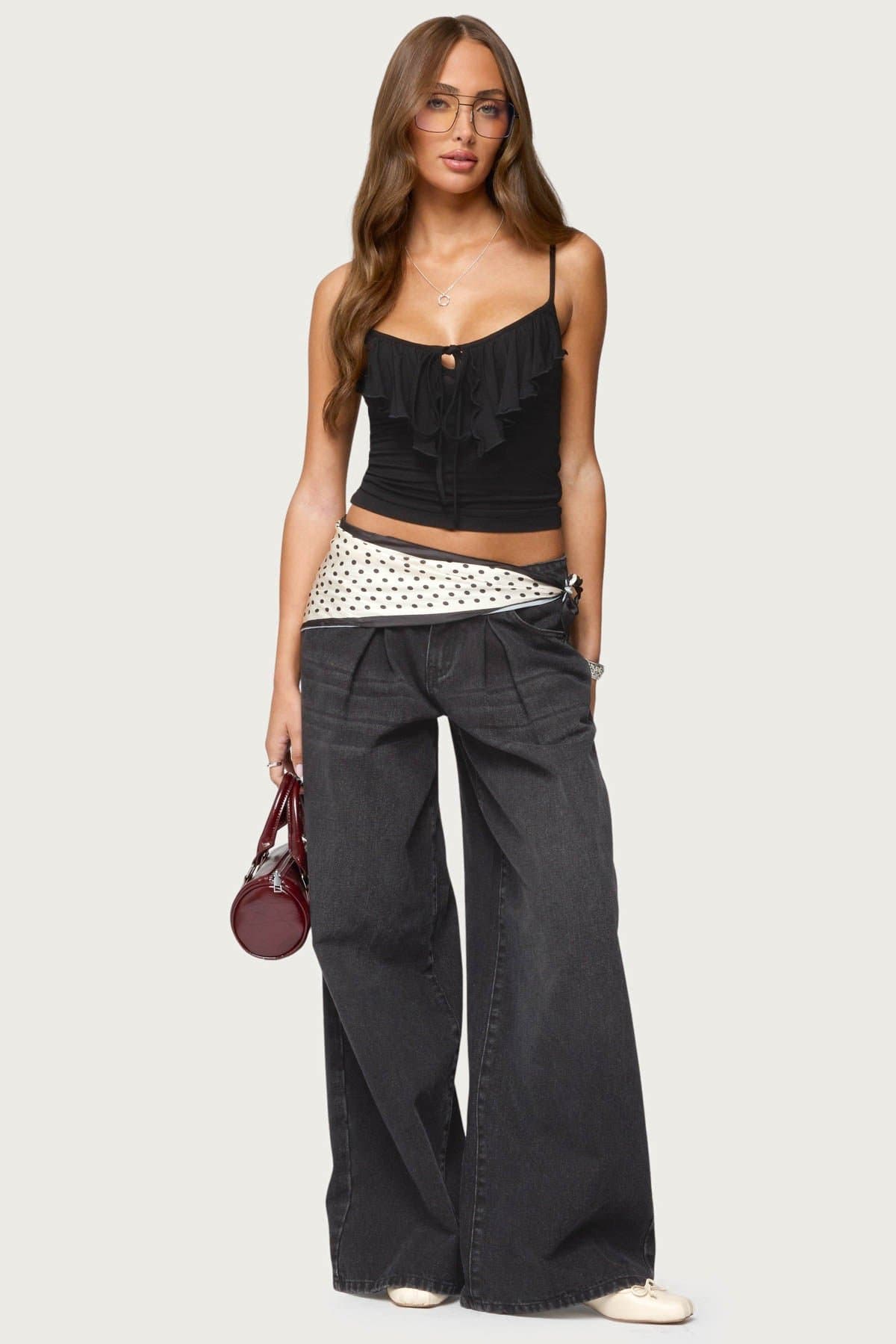 Jezebel Ruffle Tank Top with Adjustable Straps, Front Tie, Keyhole Cutout, Rayon Spandex