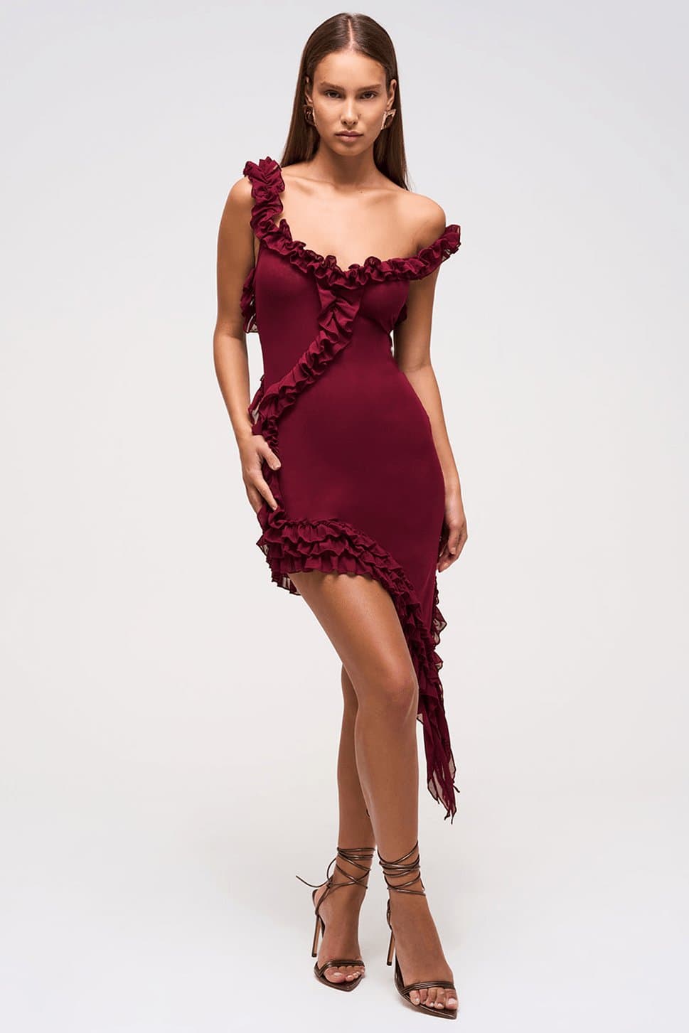 Amani Ruffle Detail Asymmetric Deep Maroon Dress - Adjustable Straps, Bodycon Fit