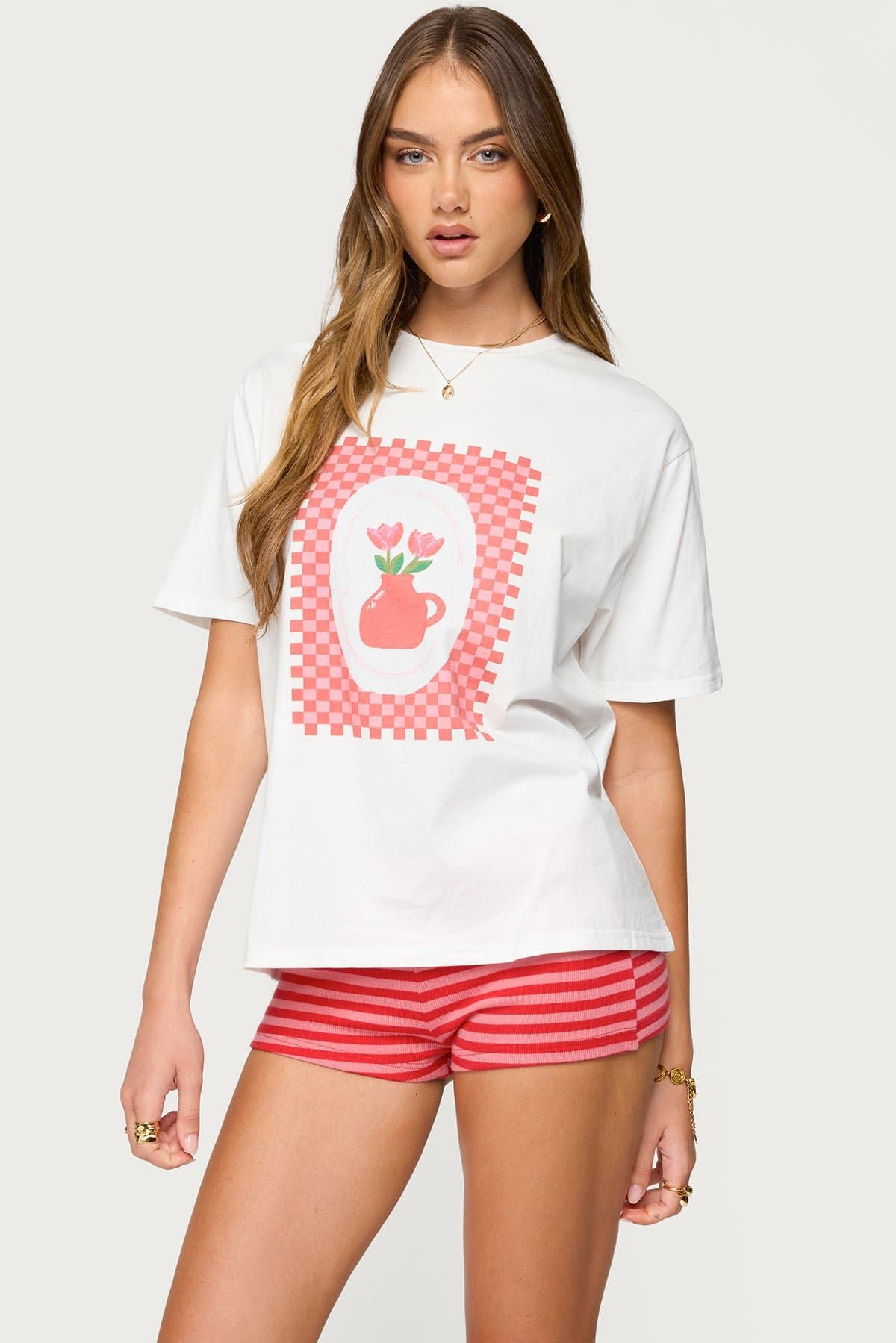 Flower Vase Oversized T-Shirt - Checkered Graphic Print 100% Cotton Unisex