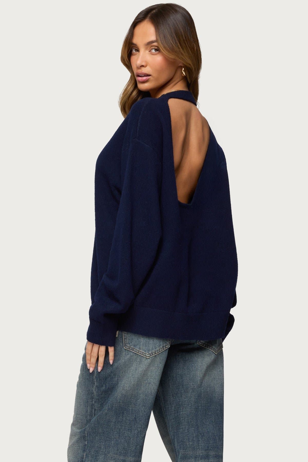 Ximenia Cutout Back Sweater - Polyester Acrylic Spandex Knit Top