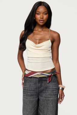 Khloey Chain Cowl Neck Top - Polyester Spandex Women's Blouse