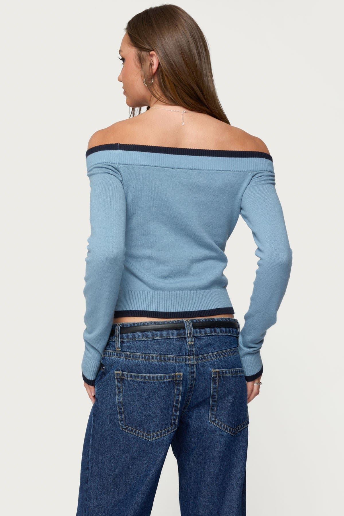 Kezzie Contrast Off Shoulder Long Sleeve Knit Top - Rayon Polyester Nylon