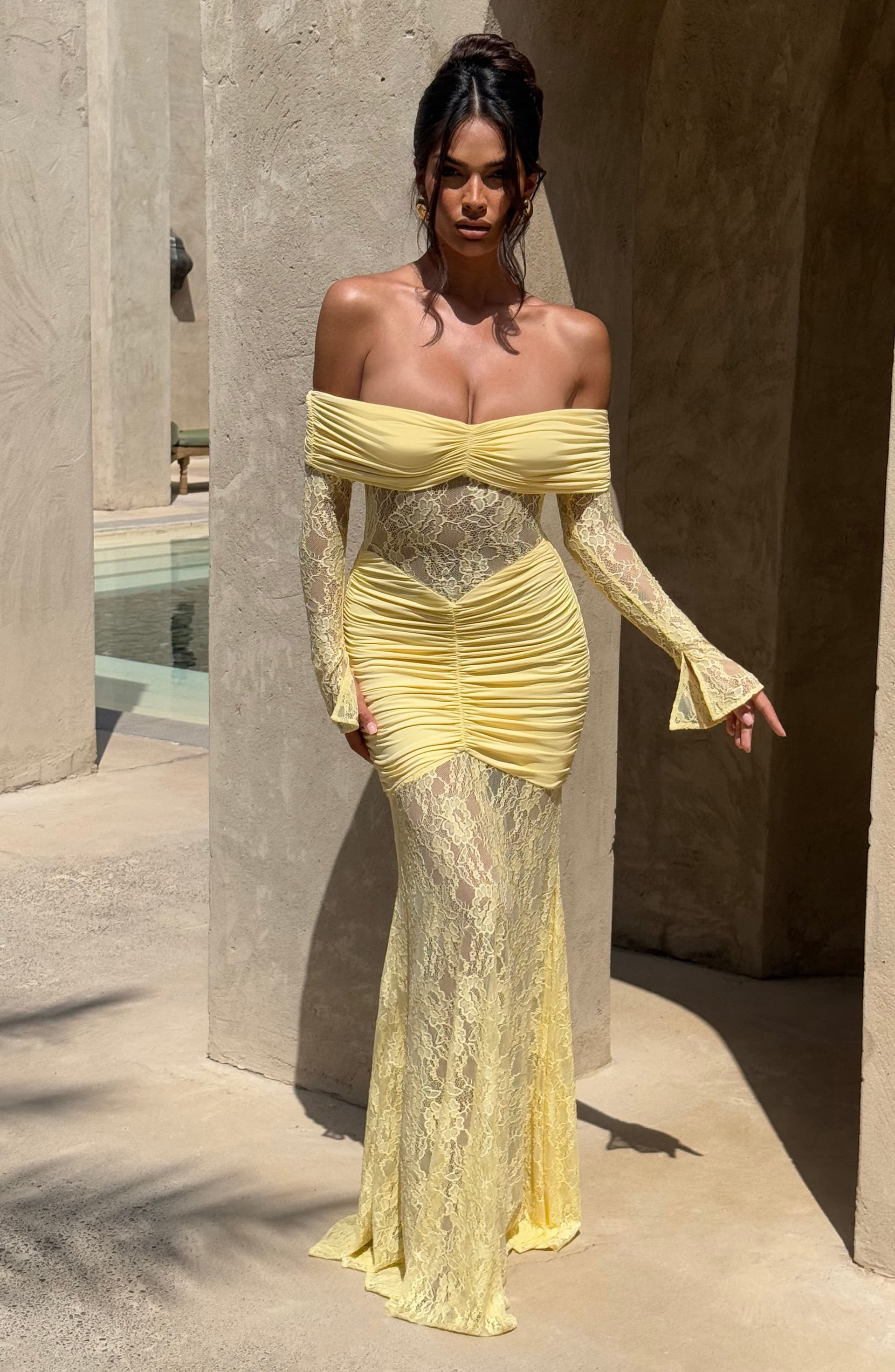 Sauline Maxi Dress in Lemon - Stretch Jersey Floral Lace Long Sleeve