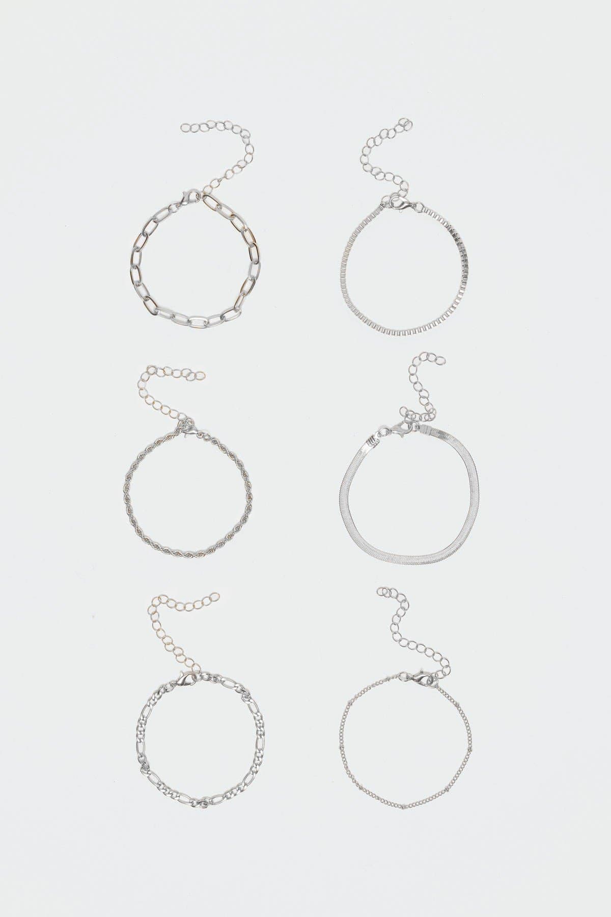 Assorted Silver Tone Metal Chain Bracelet Pack of 6 - 7.1 Inch Length