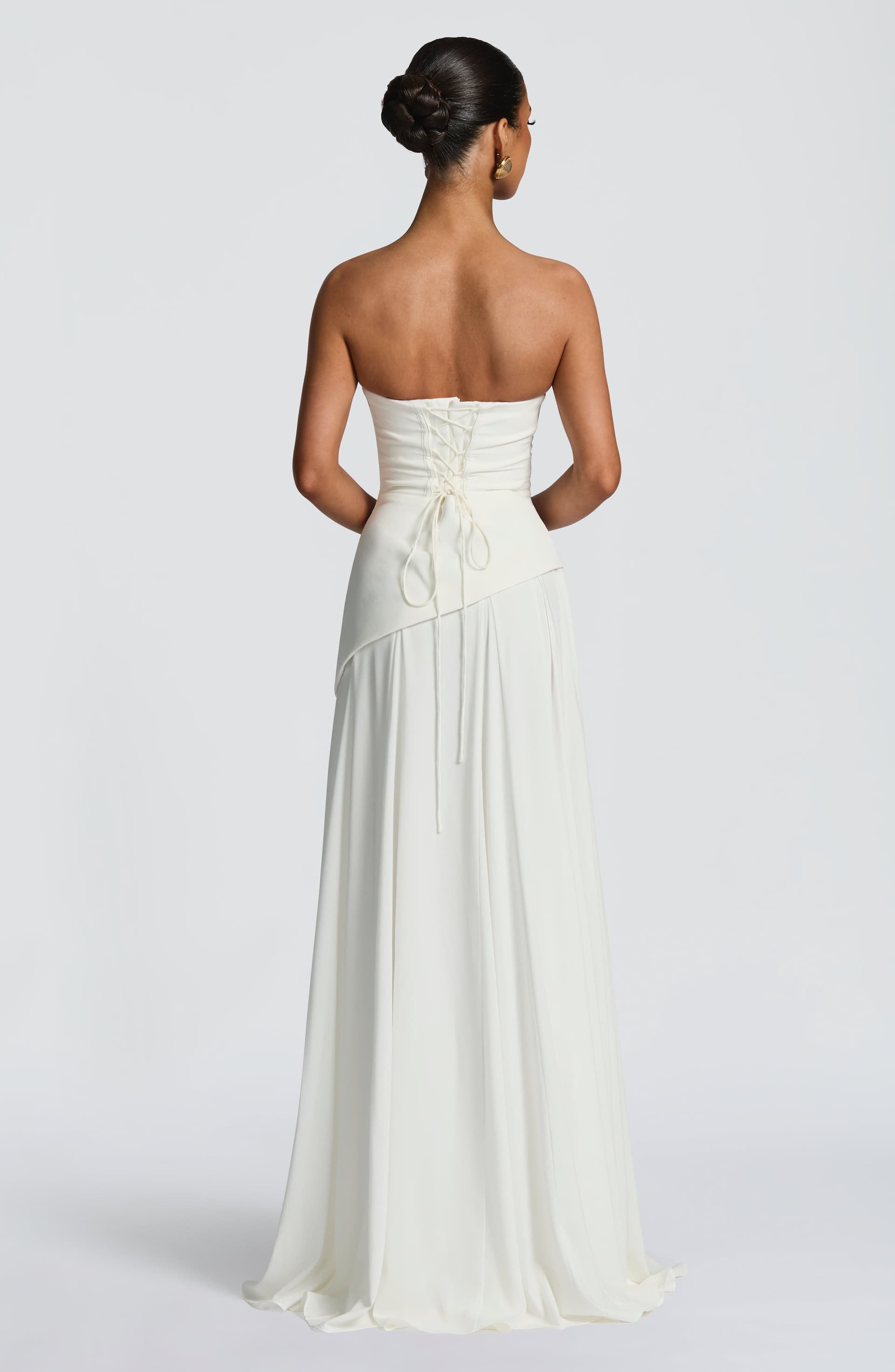 Patricia Maxi Dress in Ivory Chiffon with Lace-Up Back and Godet Skirt