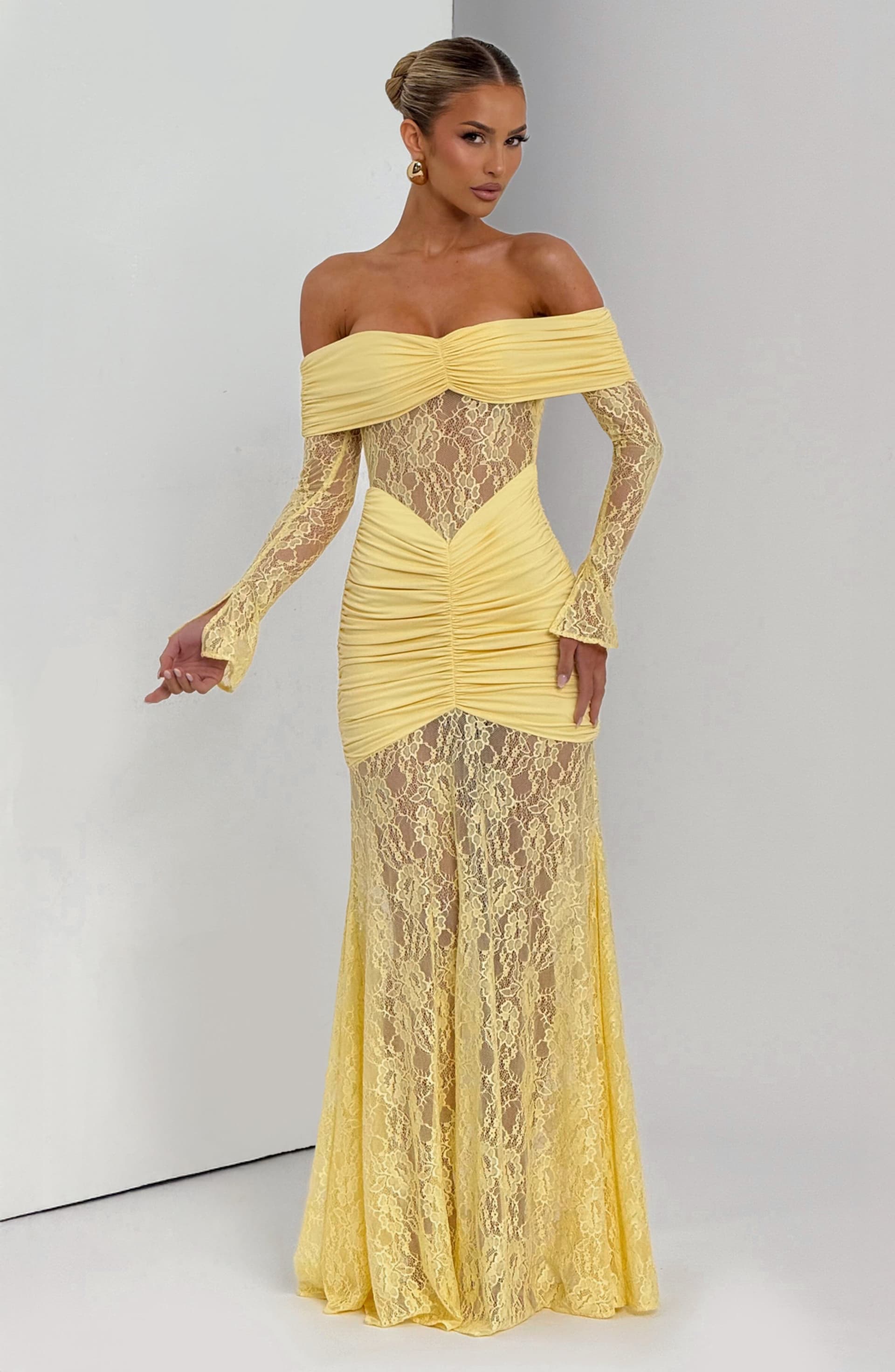 Sauline Maxi Dress in Lemon - Stretch Jersey Floral Lace Long Sleeve