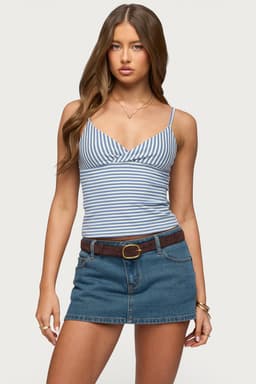 Emilea V Neck Striped Tank Top with Adjustable Straps Cotton Spandex