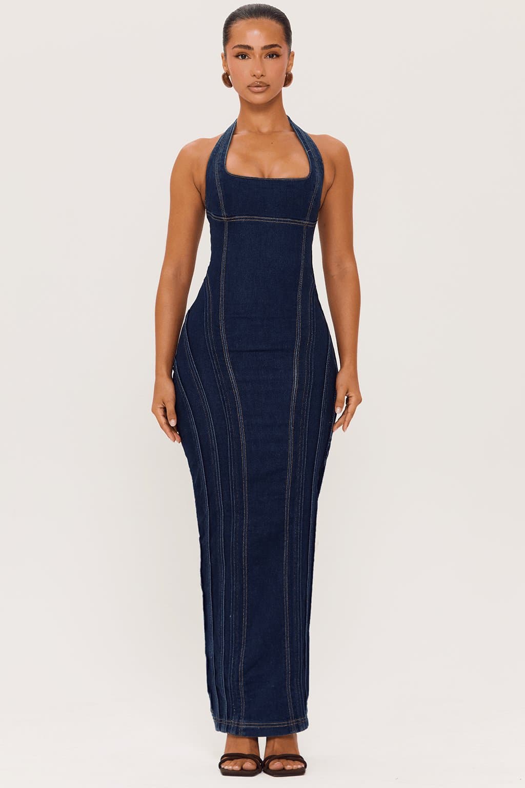 Curve Maxi Dress Square Neck Halter Adjustable Strap True Denim