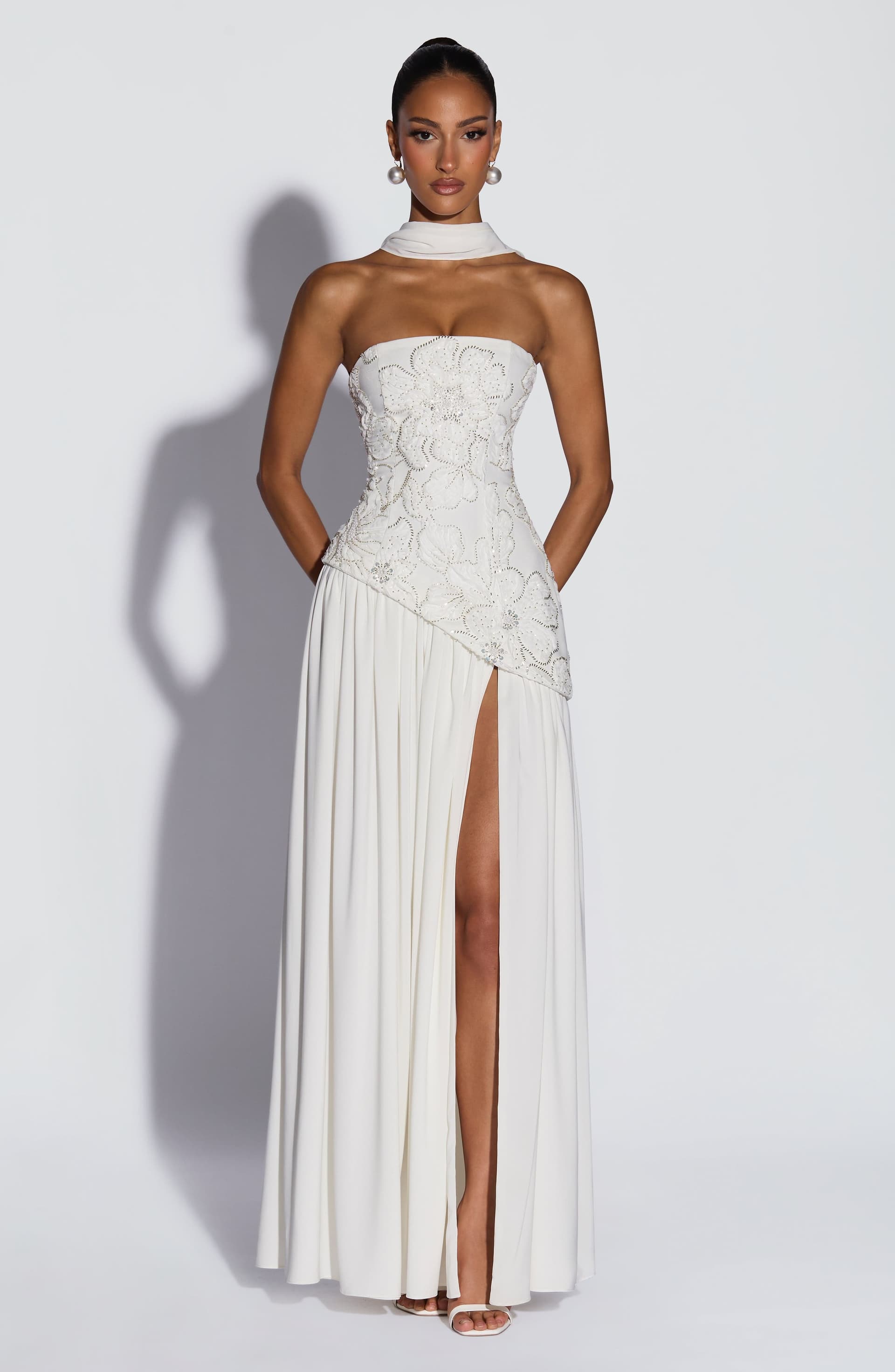 Anneliese Maxi Dress in Ivory Crepe Bodice Chiffon Skirt with Embellishments