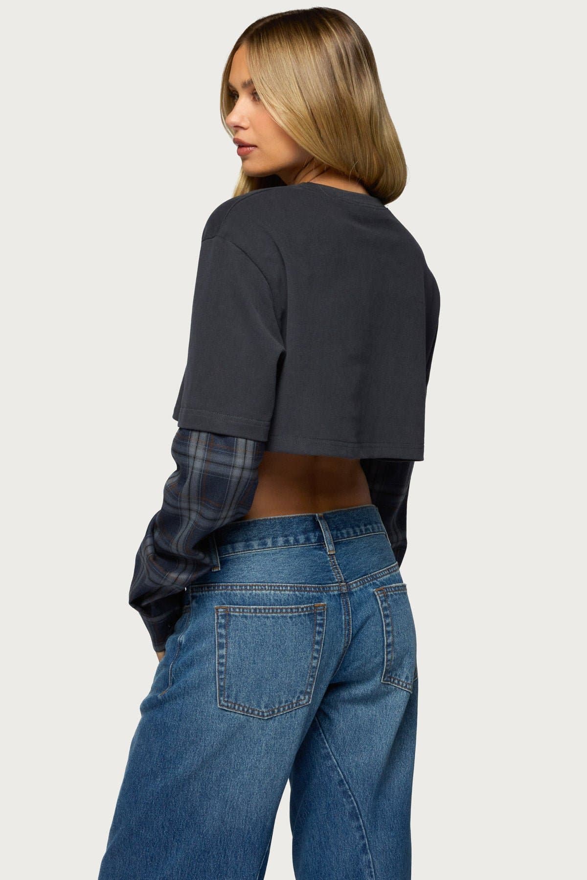 Plaid Sleeves Layered Crop Top 100% Cotton Long Sleeve Flannel T-Shirt
