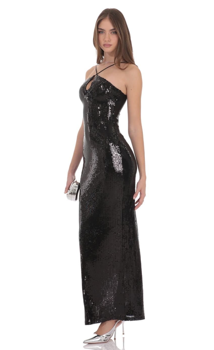 Sequin Keyhole Maxi Dress in Black