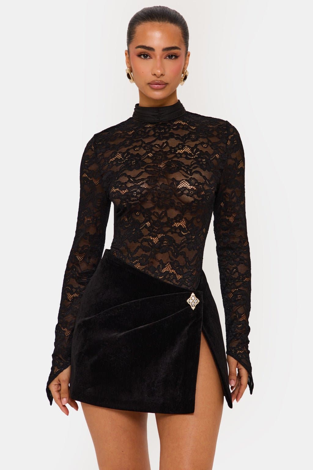 Lace Long Sleeve Bodysuit with Shaped Cuffs - Black