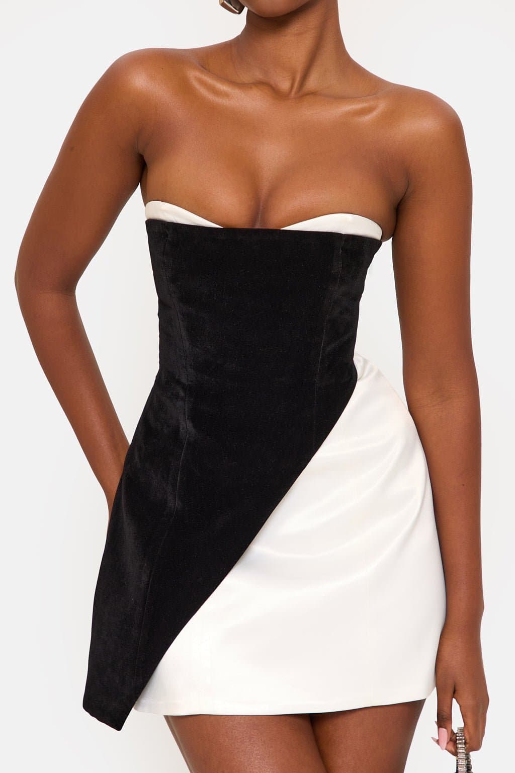 Perla Bardot Sweetheart Mini Dress White Bandeau Black Velvet Corset Lace Up