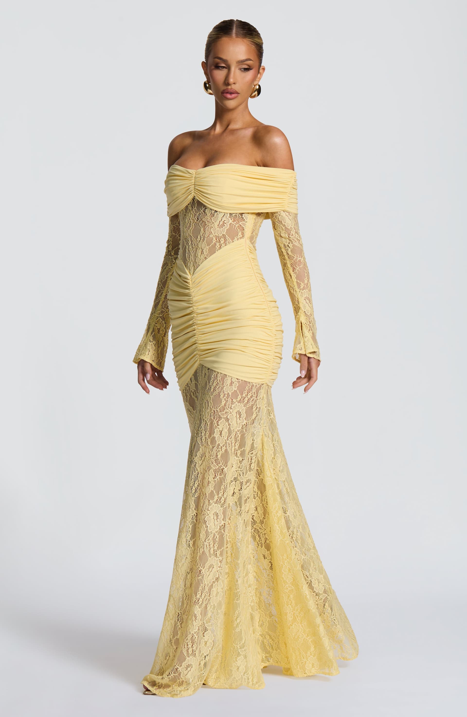 Sauline Maxi Dress in Lemon - Stretch Jersey Floral Lace Long Sleeve
