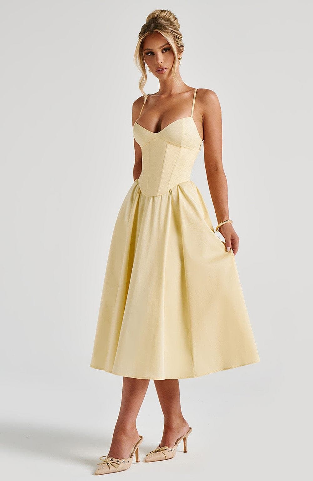 Mariella Midi Dress - Lemon - Sweetheart Neckline, Lace-Up Back, Cotton Nylon Blend