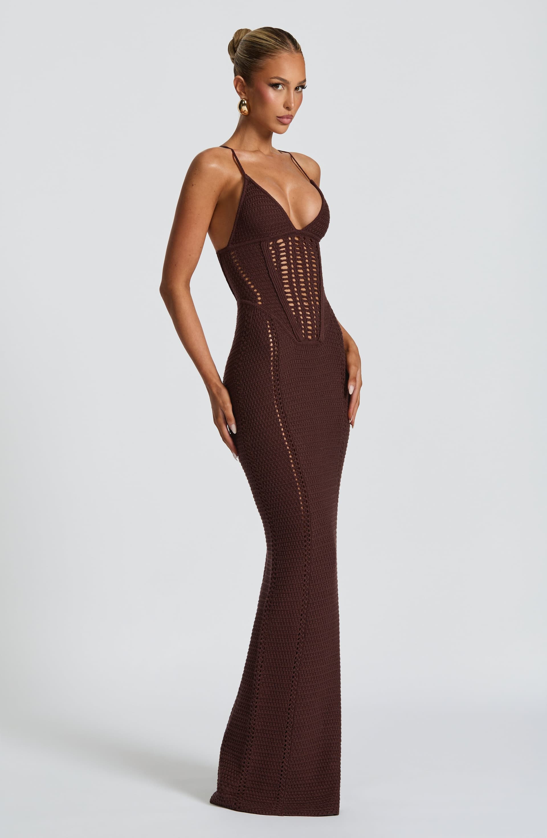 Xanthe Maxi Dress in Plum Brown - Faux Crochet Knit, Lace Up Back, Bodice Boning