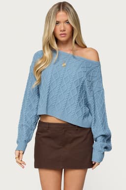 Oversized Off Shoulder Cable Knit Sweater - Rayon Nylon Polyester
