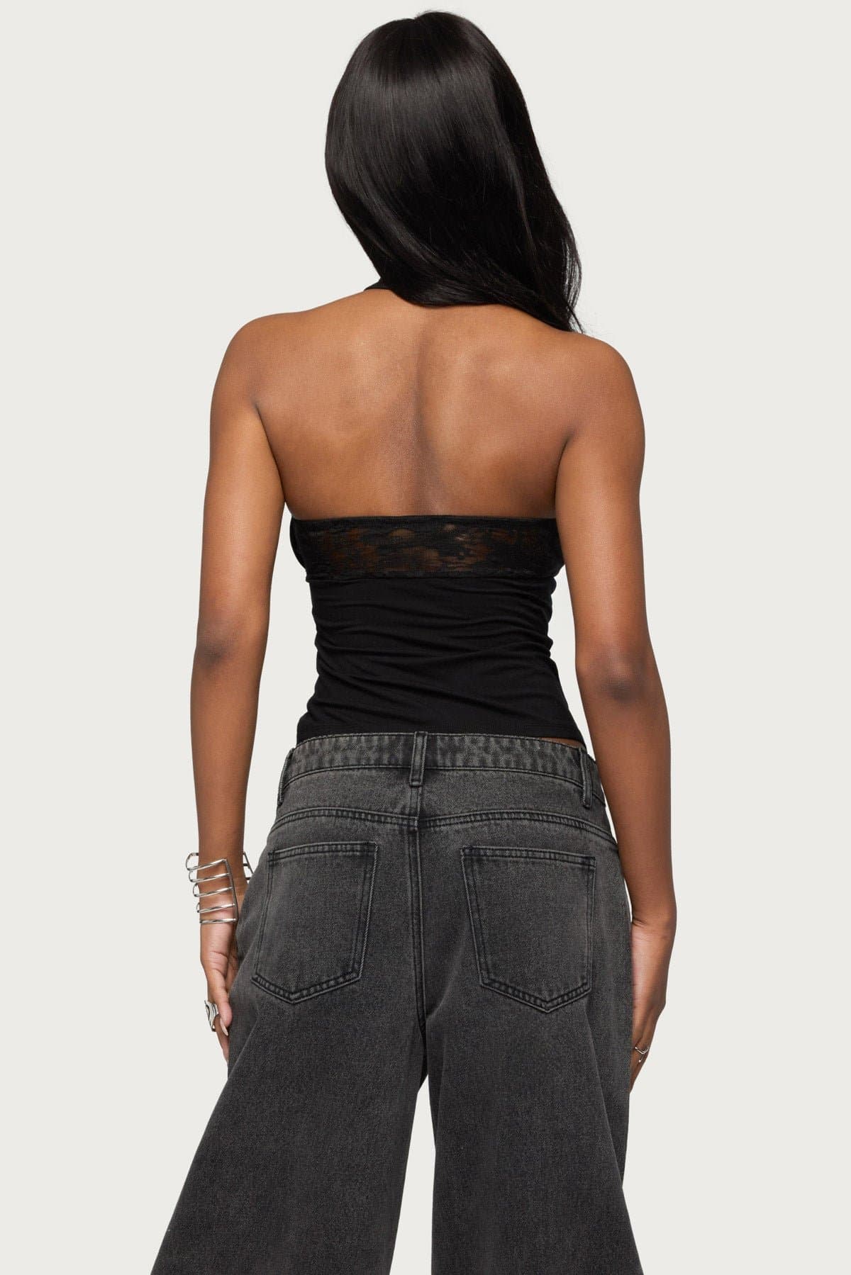 Lielle Lacey Layered Halter Top in Rayon Spandex with Sheer Lace Detail