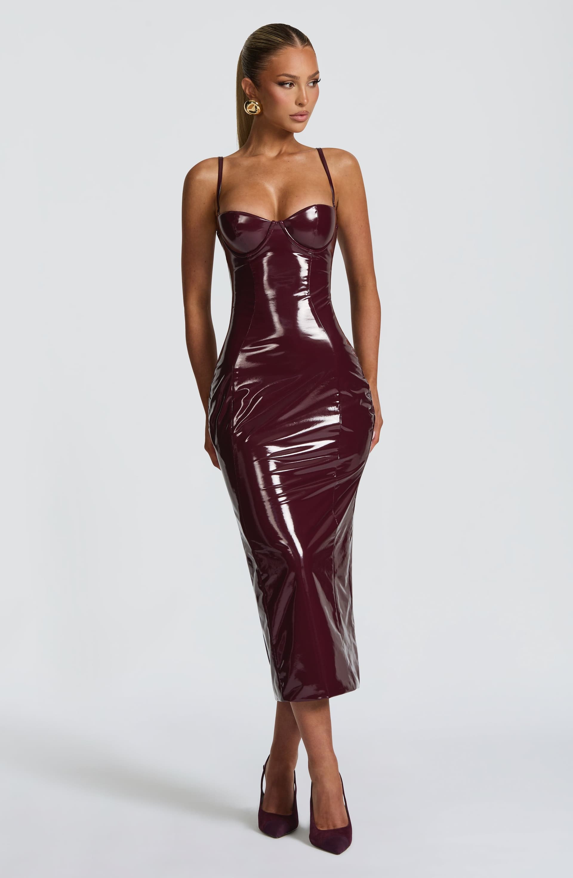 Amala Midi Dress in Cherry Lacquer - High-Shine Vinyl with Underwired Cups