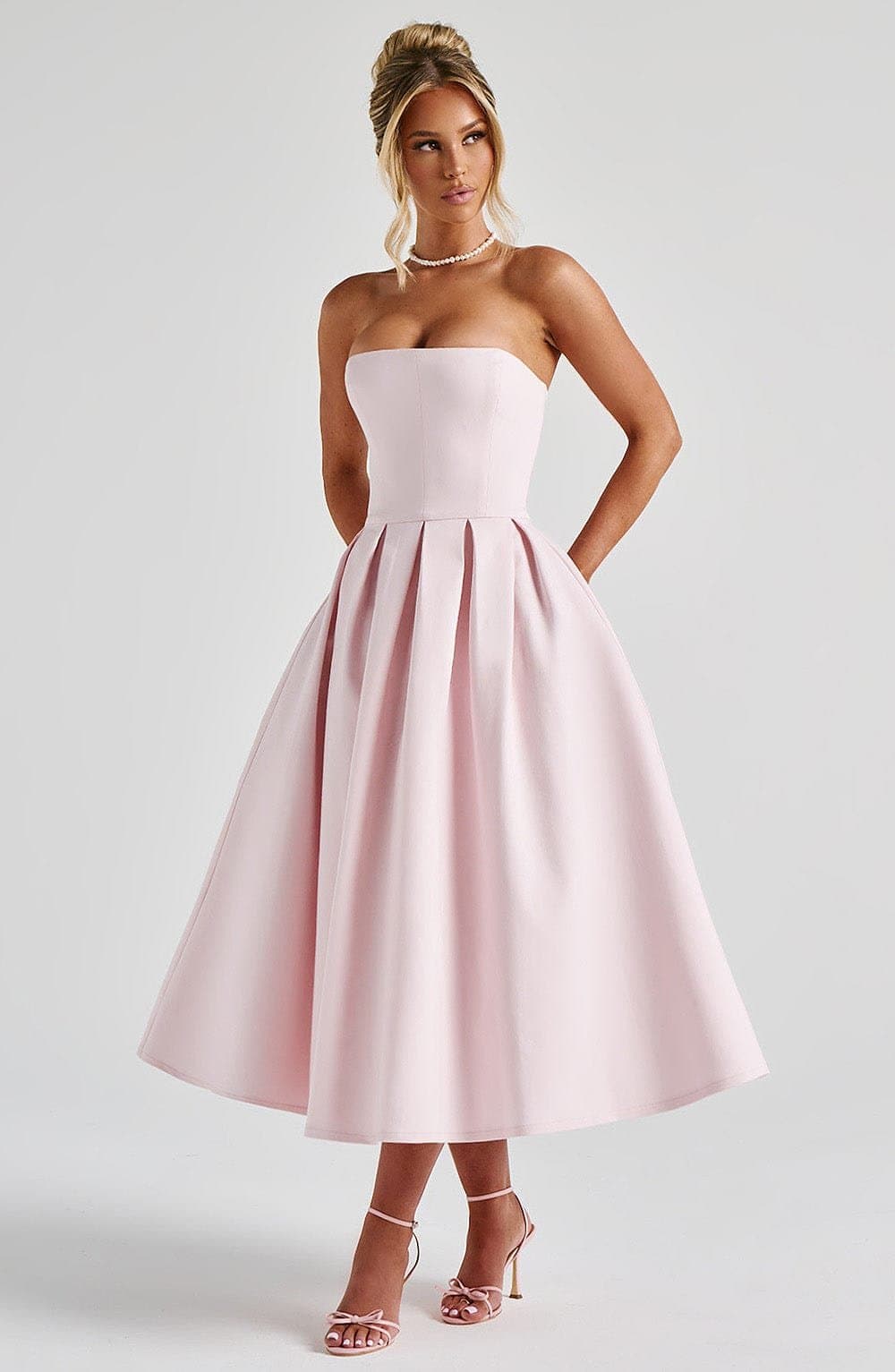 Edith Strapless Midi Dress in Blush - Stretch Bengaline with Pleated Skirt & Boning