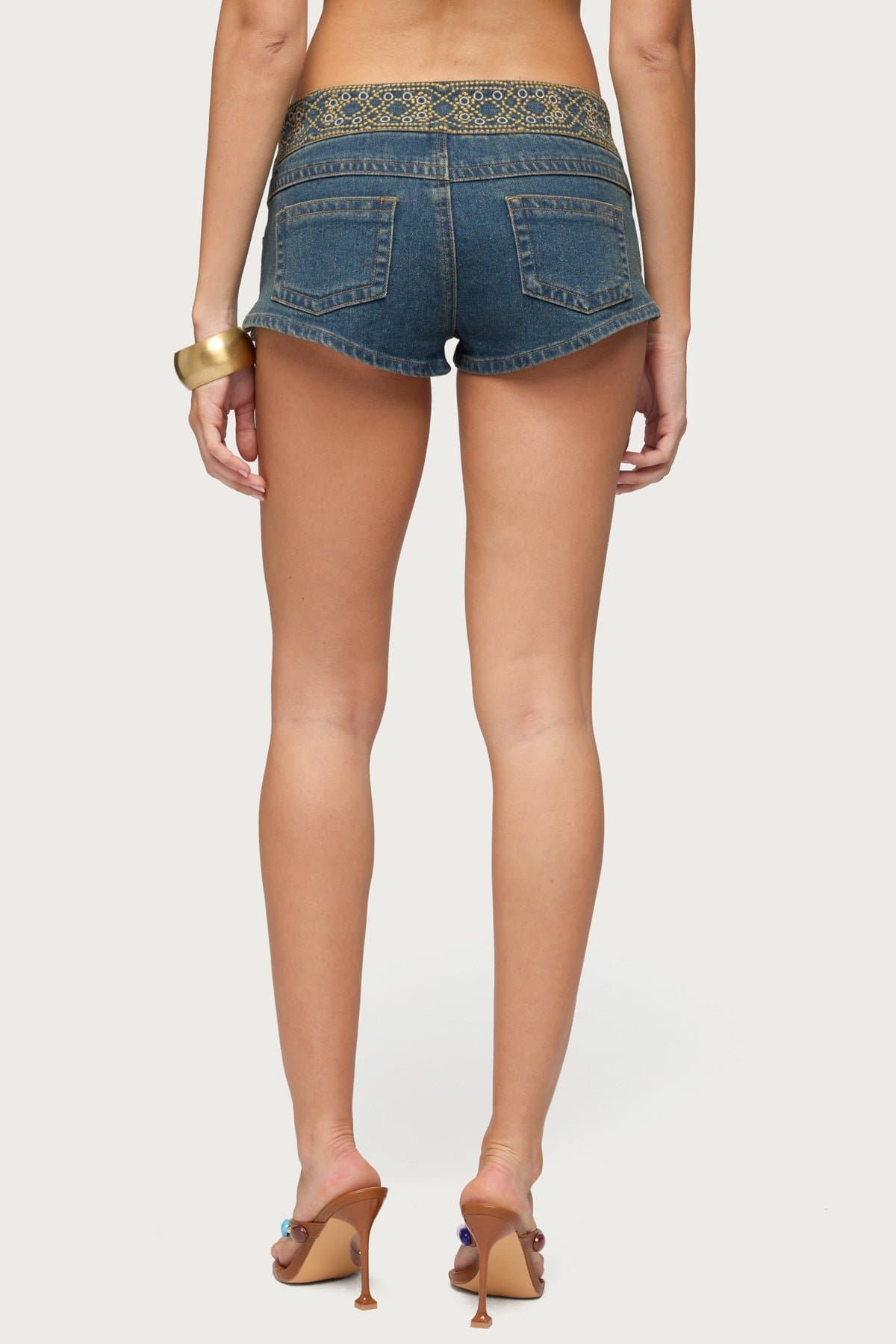 Zera Embroidered Denim Micro Shorts - Low Rise Stretchy Cotton Spandex