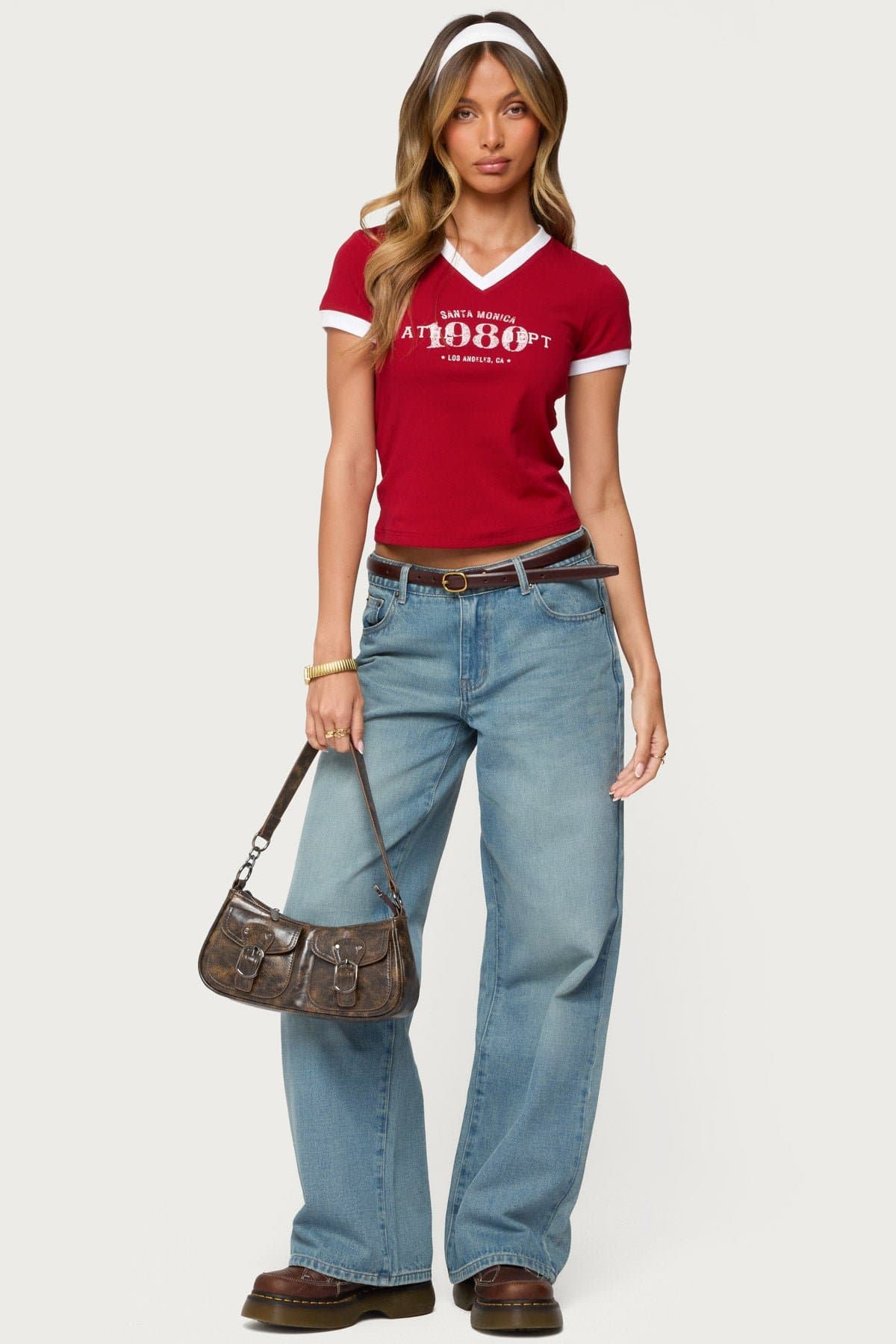 Santa Monica V-Neck T-Shirt with 1980 Los Angeles Graphic, Cotton-Spandex