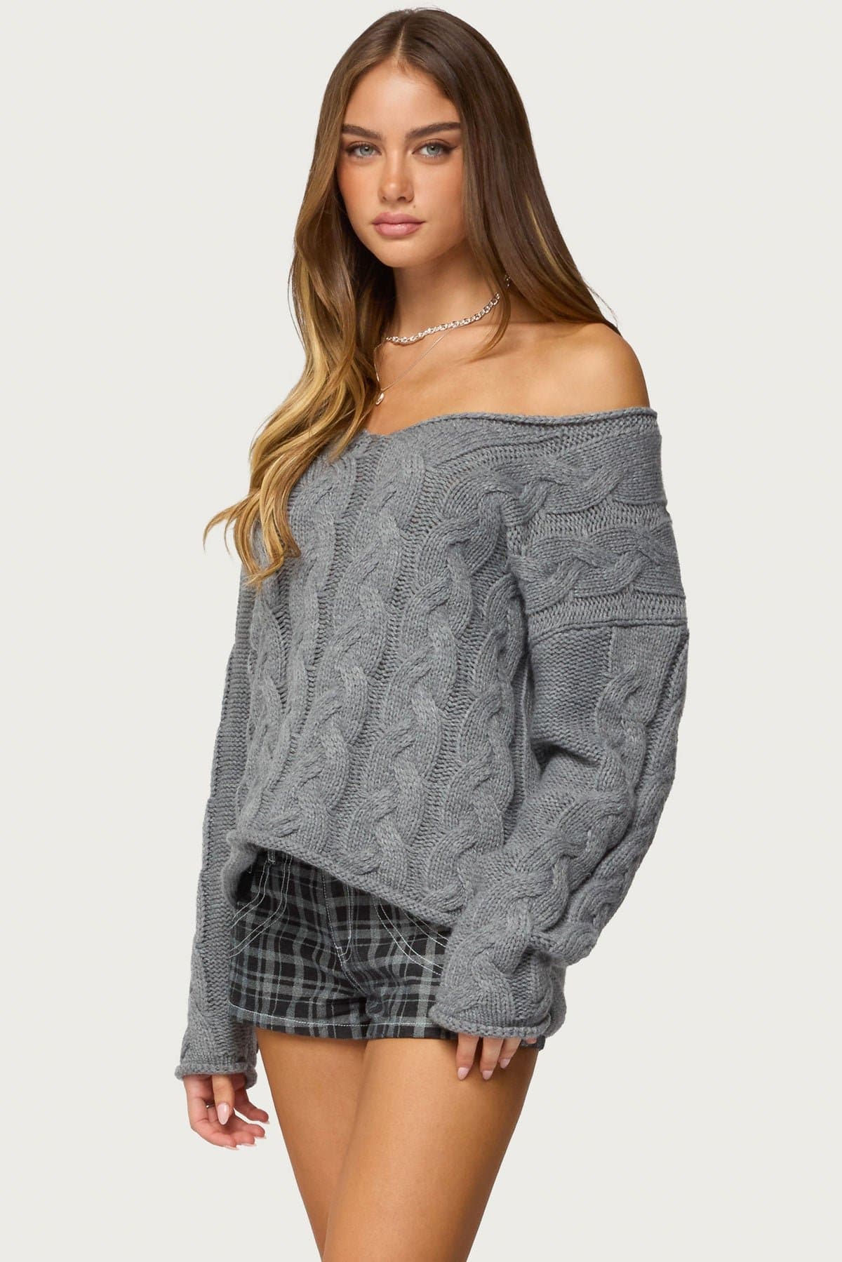 Inga Oversized Cable Knit Sweater - Deep V Neck Acrylic Sweater