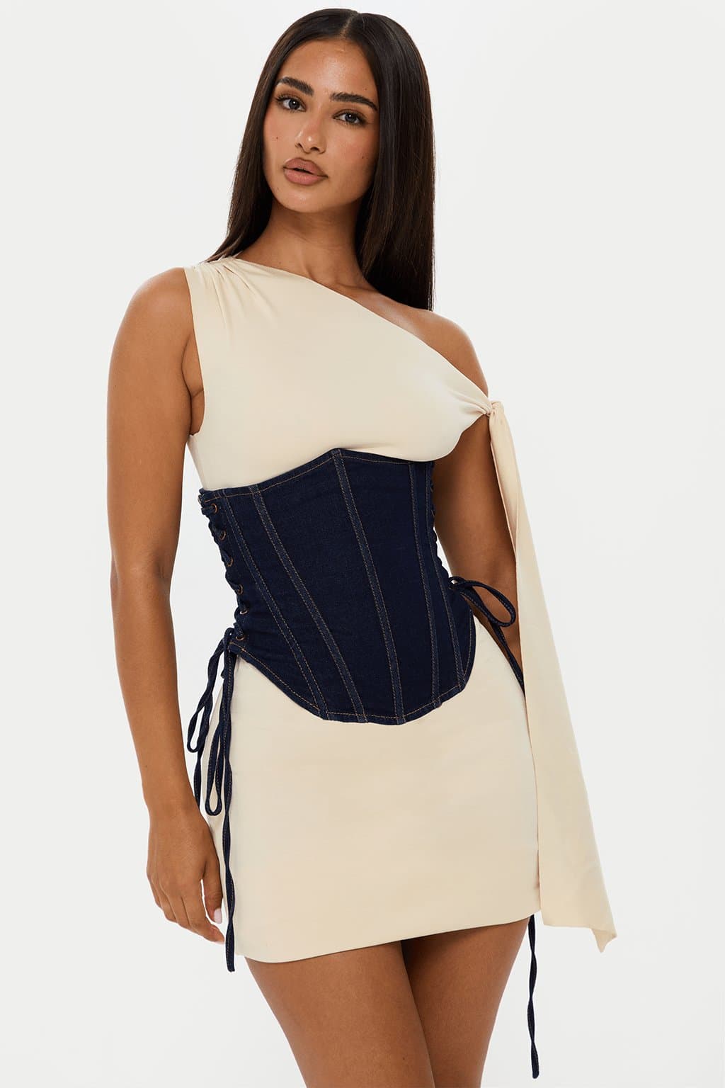 Contour Denim Corset with Boning Drop Basque Waist Lace Up Sides