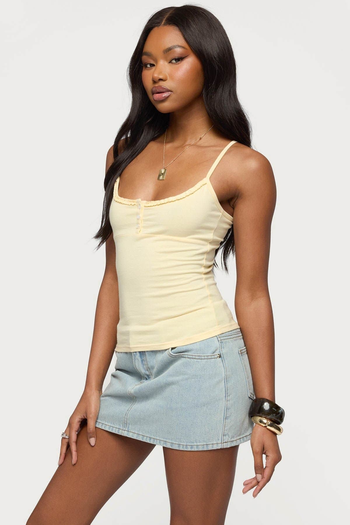Oksana Henley Tank Top with Adjustable Straps, Ruffle Trim, Cotton Spandex