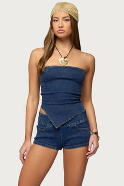 Zaida Asymmetric Denim Strapless Top - Stretchy Cotton Polyester Spandex