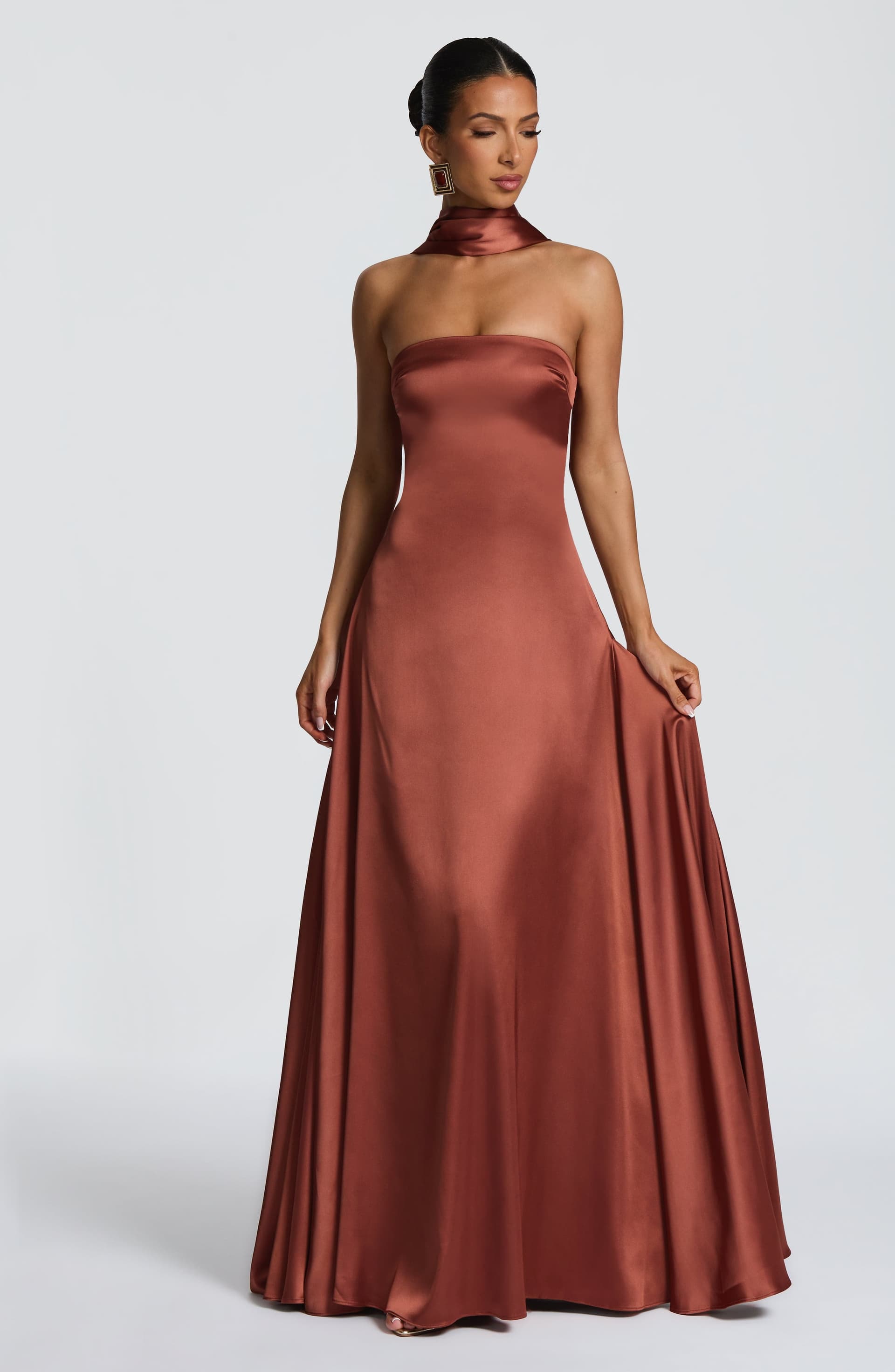 Morven Maxi Dress - Rust Satin Strapless A-Line Lace-Up Back
