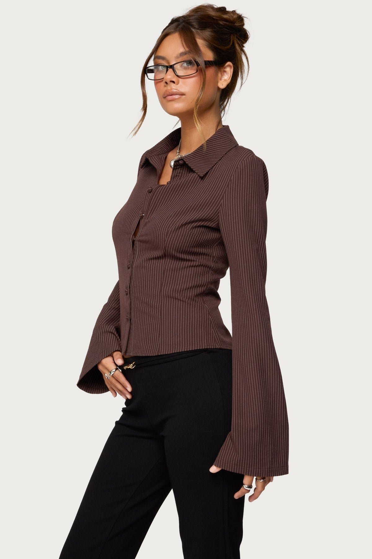 Pinstripe Tailored Button Up Shirt Long Sleeve Polyester Rayon Spandex