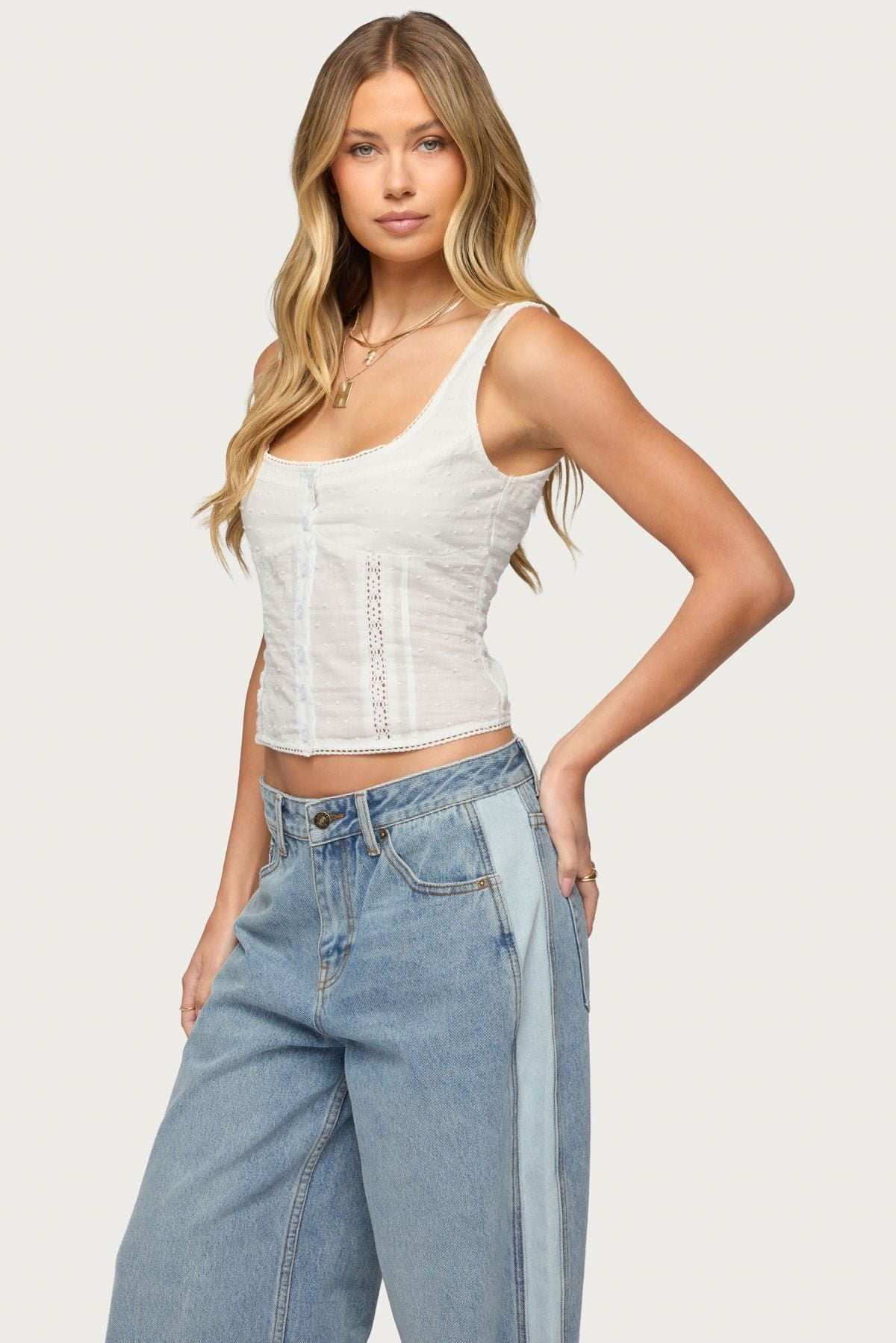 Embroidered Cotton Button Up Tank Top - Square Neckline, Smocked Back, Lace Trim