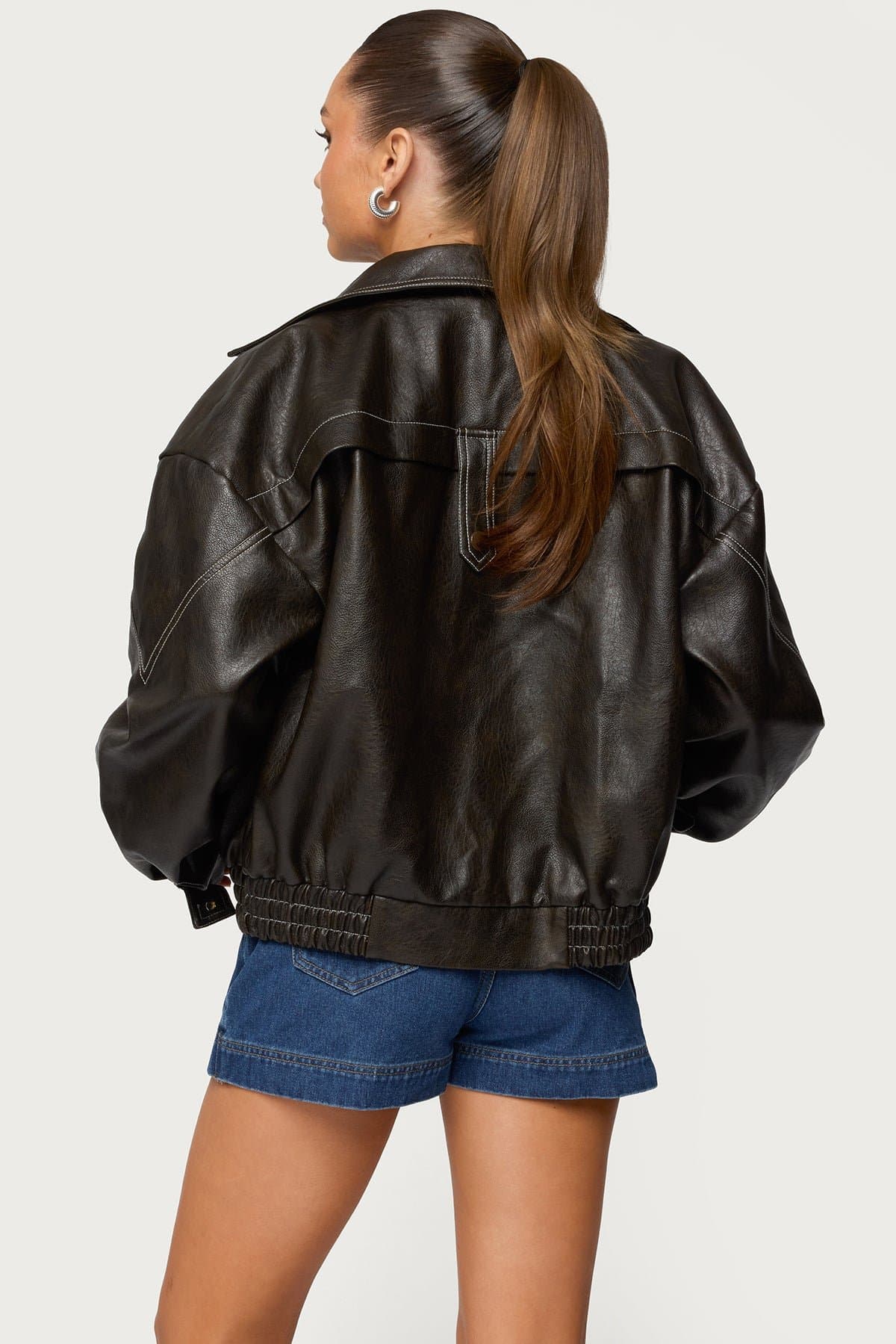 Jaxson Oversized Faux Leather Bomber Jacket - Black, Polyurethane Polyester