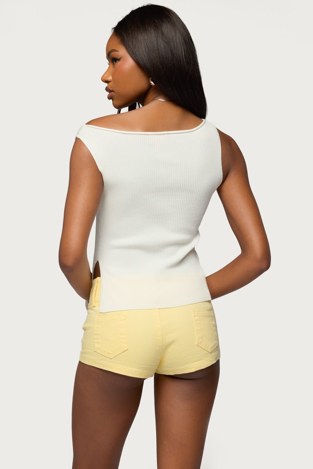 Myrah Asymmetric Off Shoulder Ribbed Knit Top - Acrylic Fabric