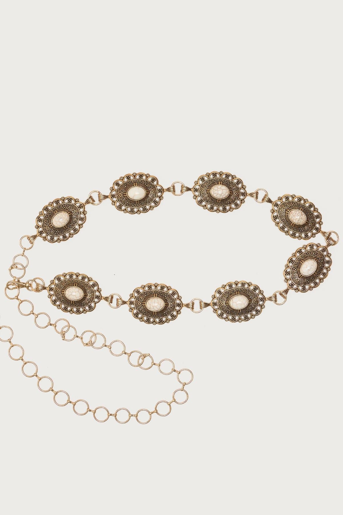 Stone Oval Pendant Chain Belt Gold Tone Metal Acrylic 50.4 Inch Length