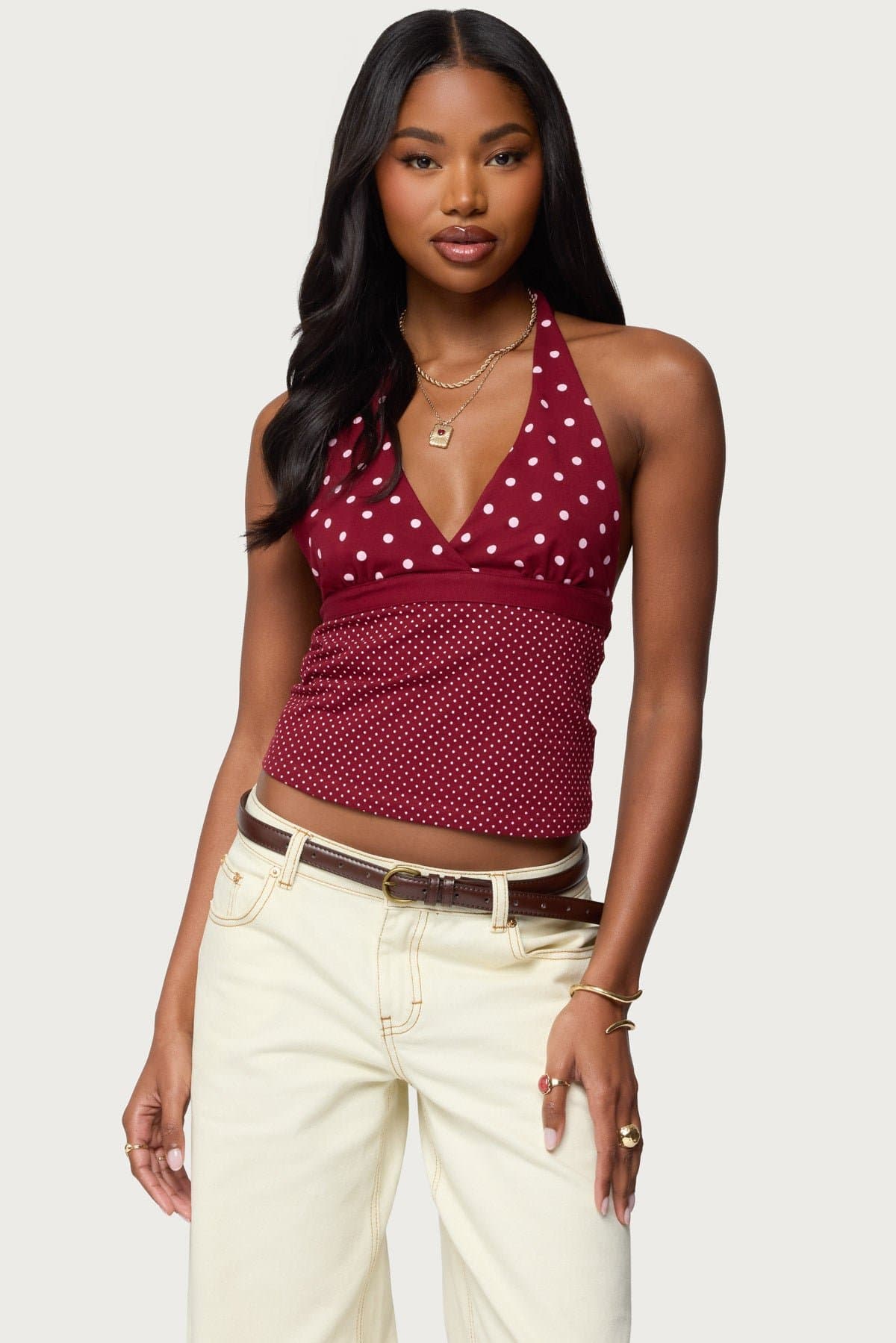 Ginny Mixed Polka Dot Halter Top - Cotton Spandex V-Neck Gathered Bust