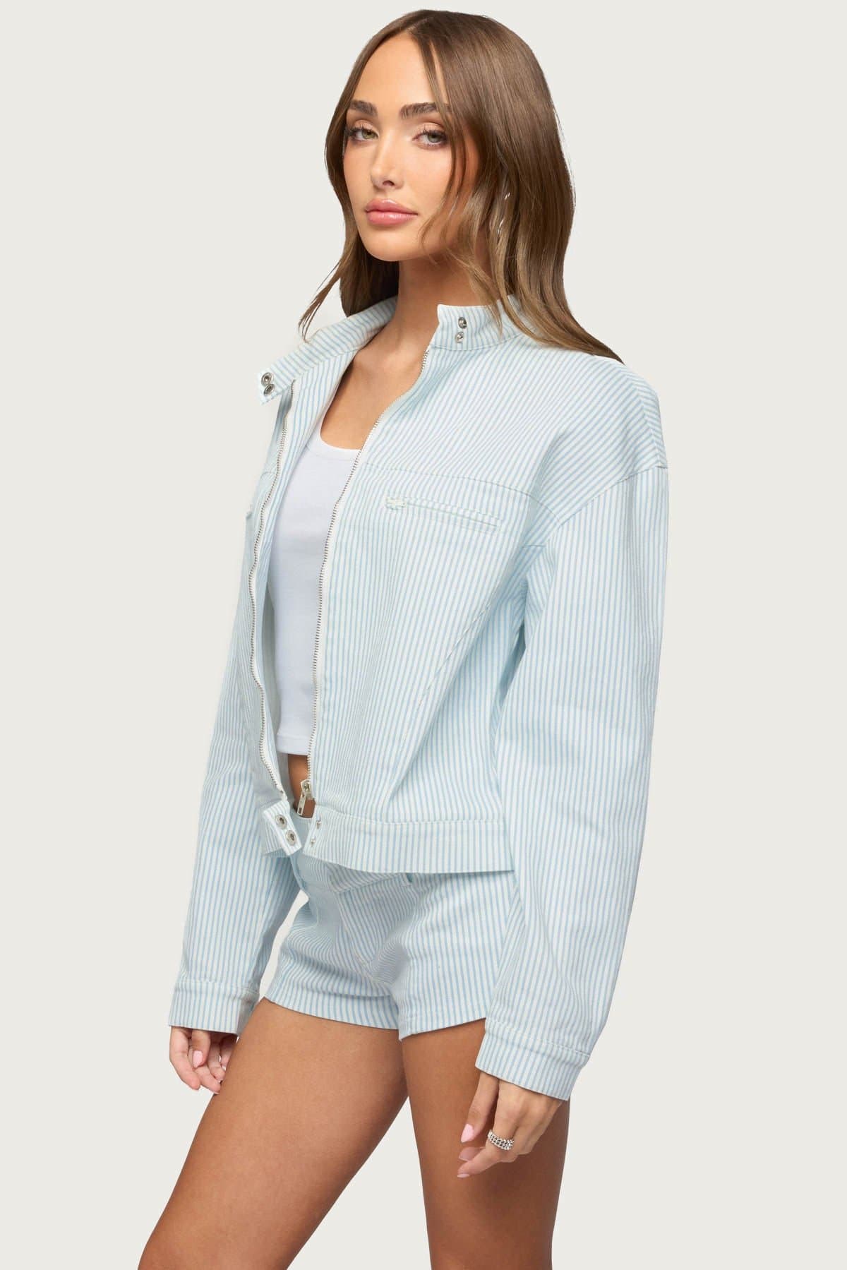 Myah Pinstripe Moto Jacket - Cotton Spandex High Neck Front Zip Women's Jacket