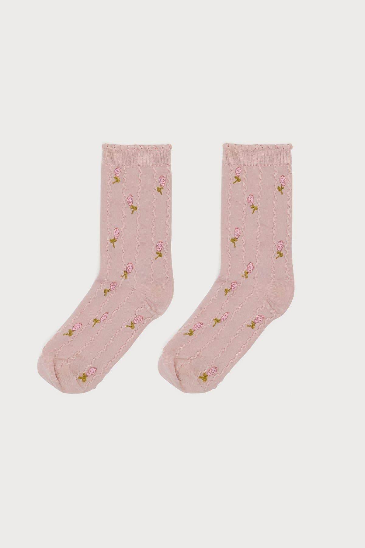 Embroidered Rose Socks with Frill Trim - Cotton Nylon Spandex Blend 11.4 Inch Length