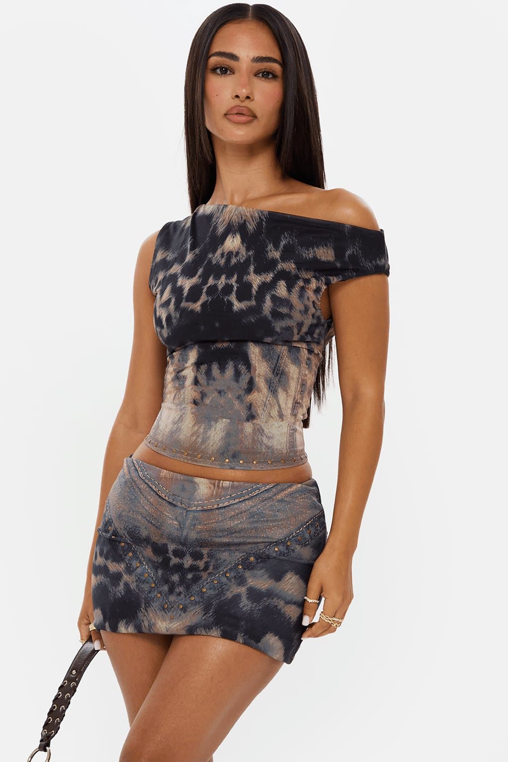 ROAR Asymmetric Off-Shoulder Printed Stretch Mesh Co-Ord Set with Long Crop Top and Micro Mini Skirt