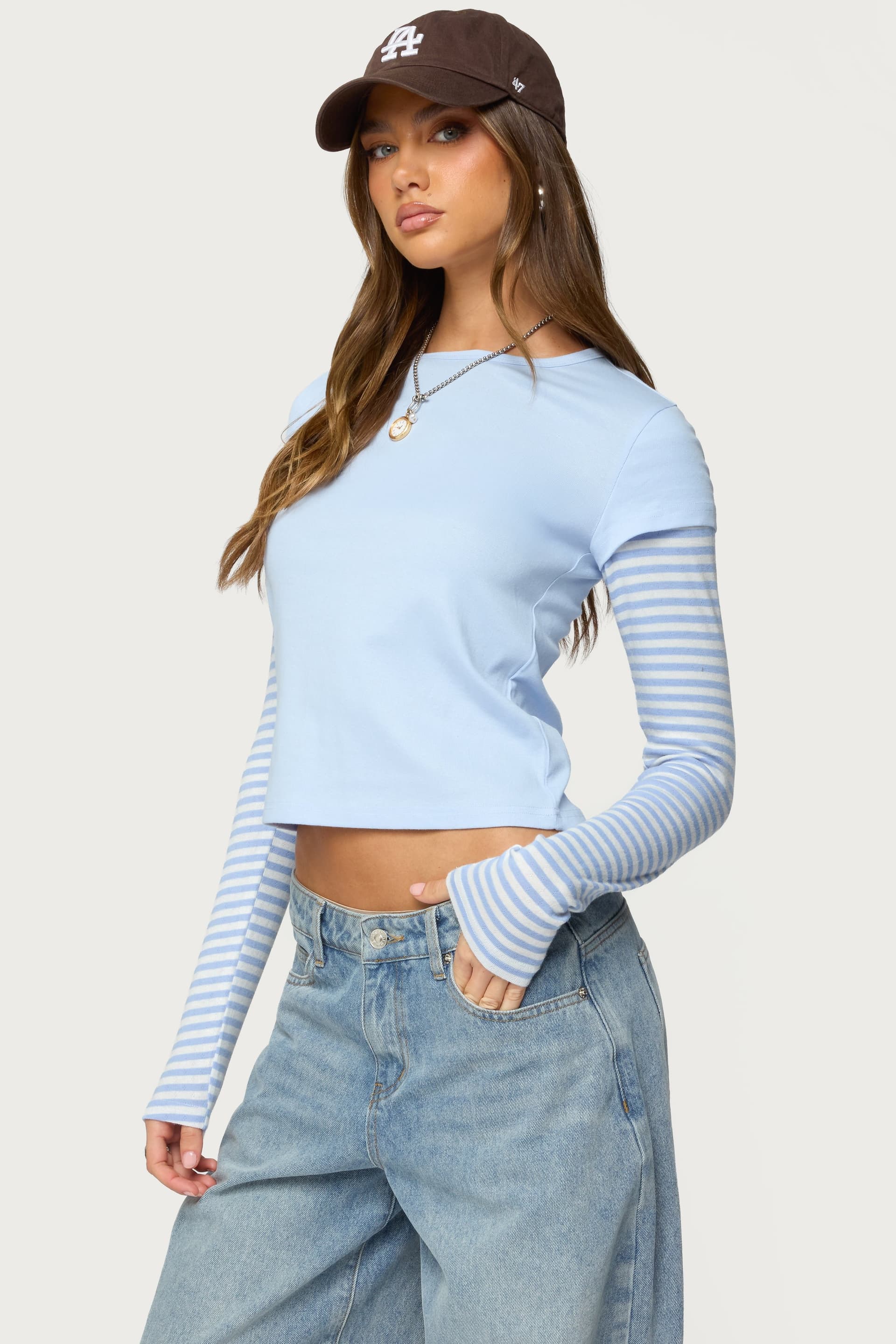 Stripey Layered Long Sleeve T-Shirt - Cotton Rayon Spandex Striped Pointelle Knit